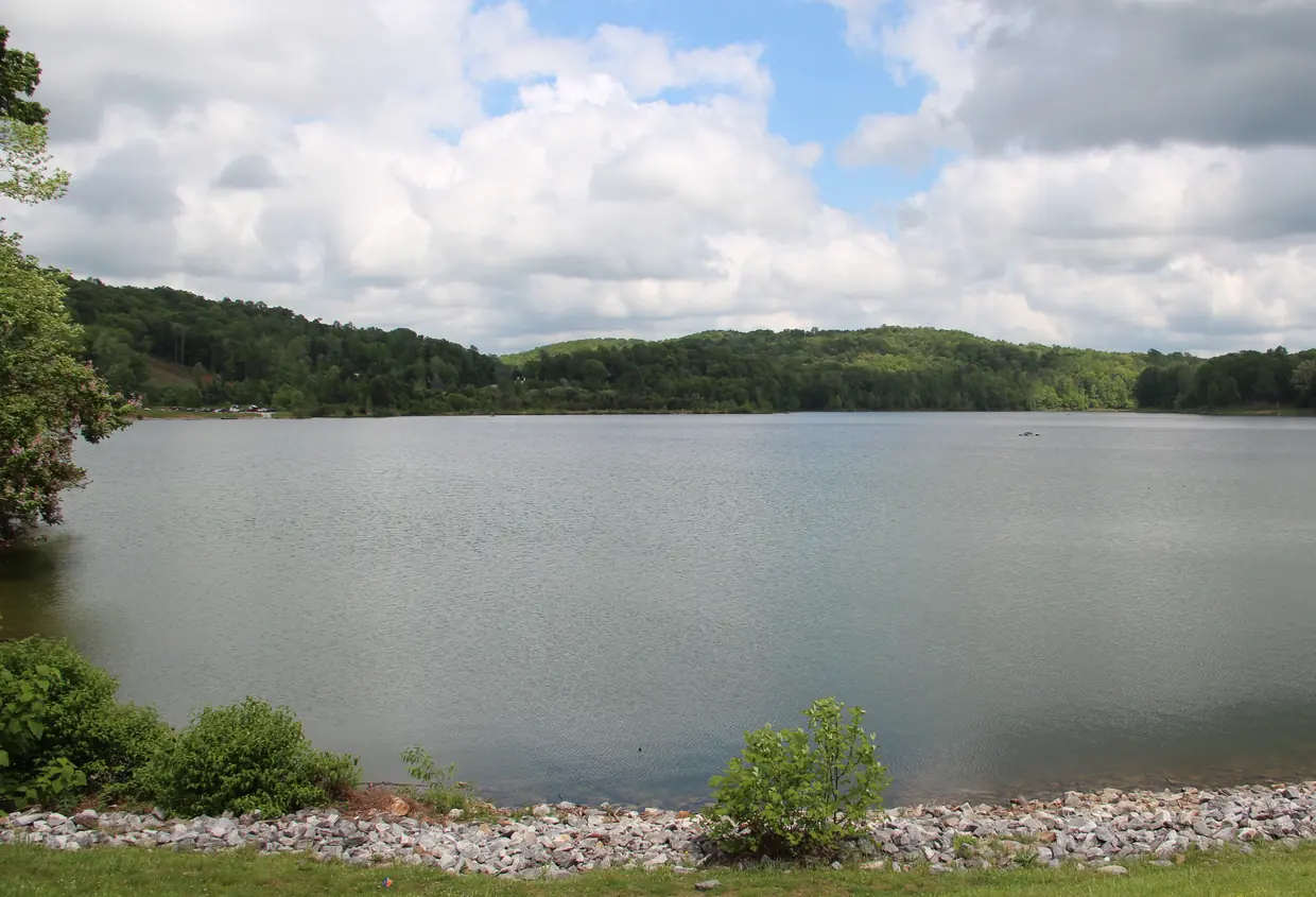 Calm grey-green lake water stretching to forested low hills under billowing white clouds, with a riprap stone shoreline and mowed grass in front.